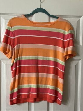 Talbots Striped Short Sleeve Tee in Peach, Coral & Pale Green